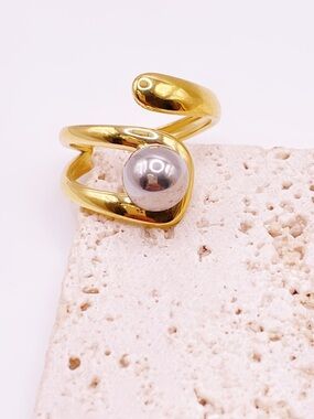 Gold-Tone Statement Ring with Silver Orb